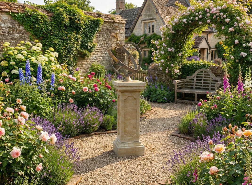 Romantischen Gartenweg mit Kies anlegen im Cottagegarten mit Sonnenuhr aus Bronze