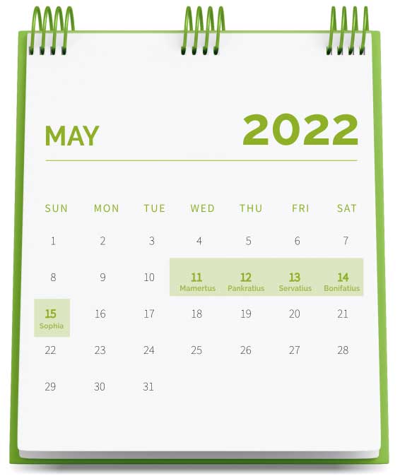 Kalender mit Eisheiligen-Terminen 2022