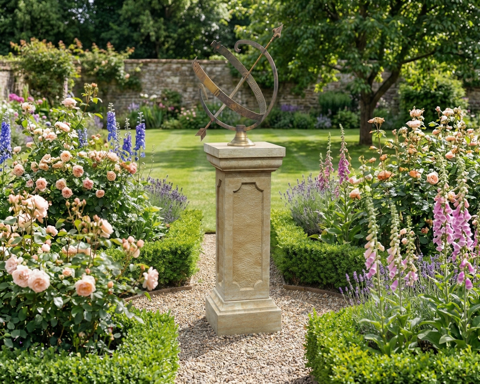 Buchsbaum als Heckenpflanze mit Gartendeko