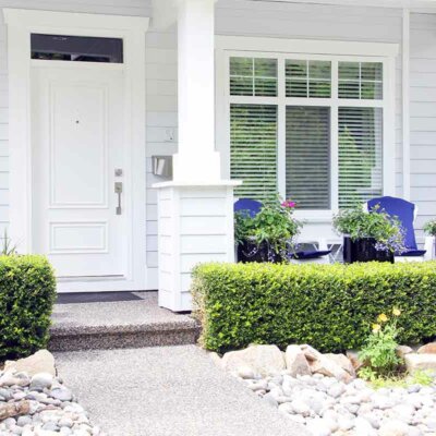 Buchsbaum-Hecke vor einem Haus