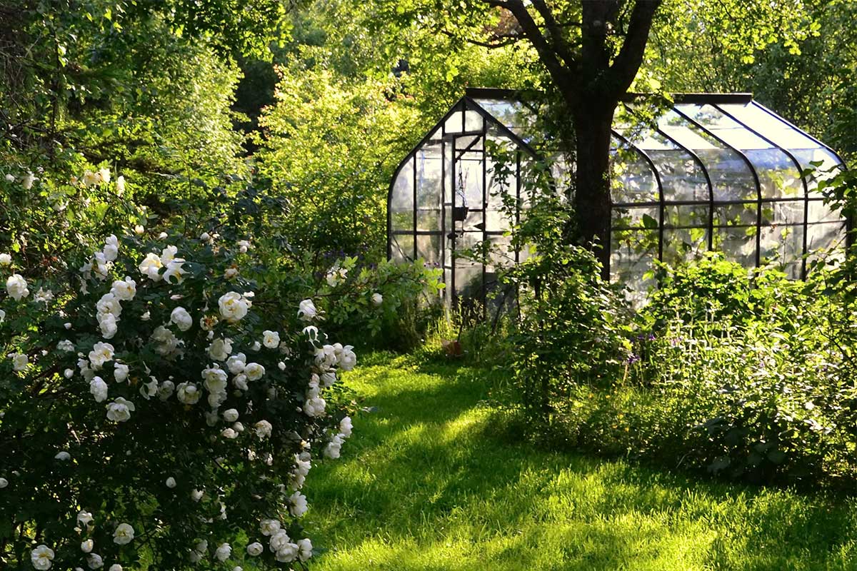 Gewächshaus im blühenden Garten