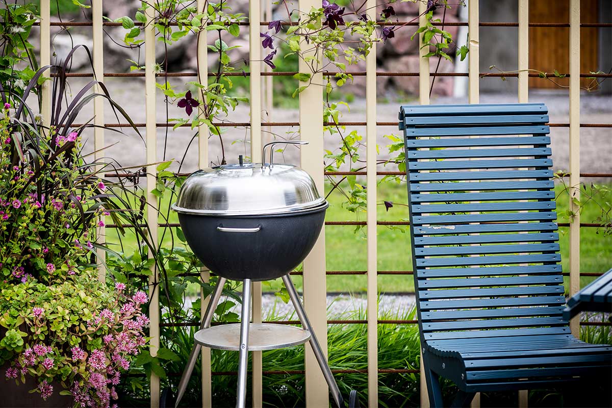 Clematis hinter Grill und Liege