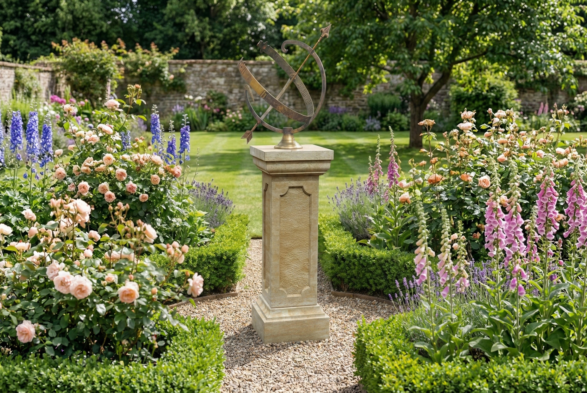 Gartengestaltung mit Kies und Staudenpflanzen im englischen Gartenstil