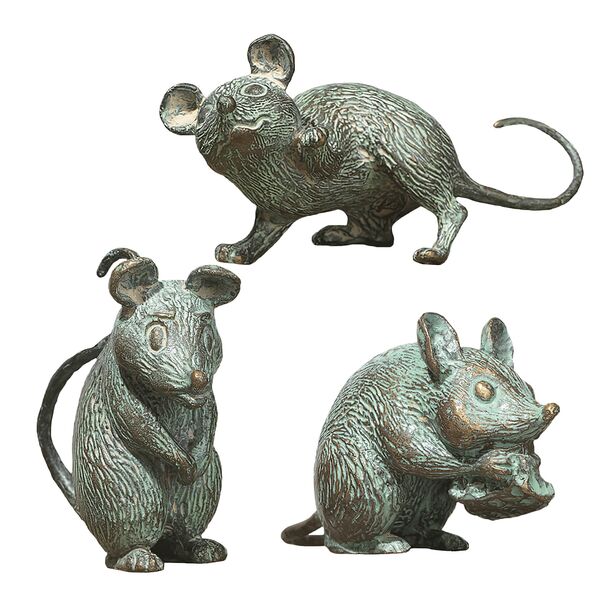 Set aus 3 Bronze Mausfiguren als Gartendekoration - Muse Set
