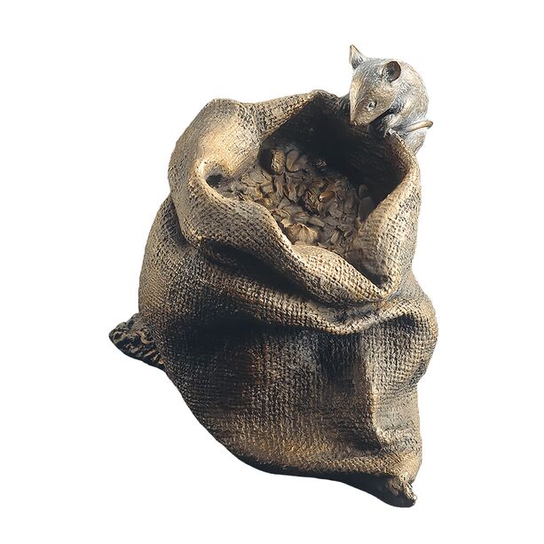 Maus Bronzefigur mit Sack - witterungsbeständig - Maus mit Futter
