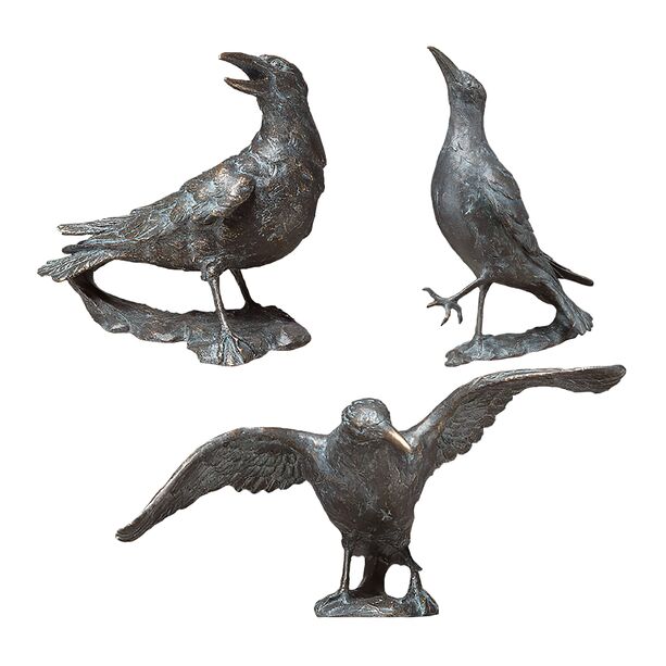 Vogelskulpturen Set mit 3 Rabenvögeln aus Bronze - Raben Set