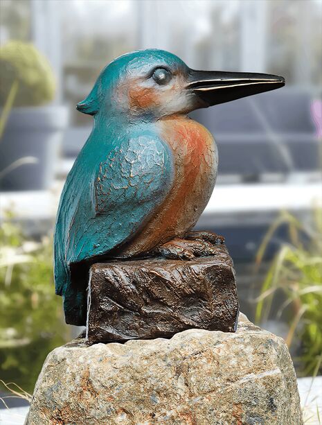 Eisvogel Bronzefigur auf Stein mit farbiger Patina - Eisvogel