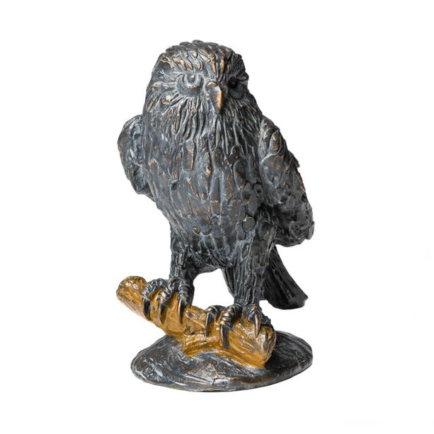 Bronzefigur Eule sitzt auf Ast mit Patina - Eule mit Zweig