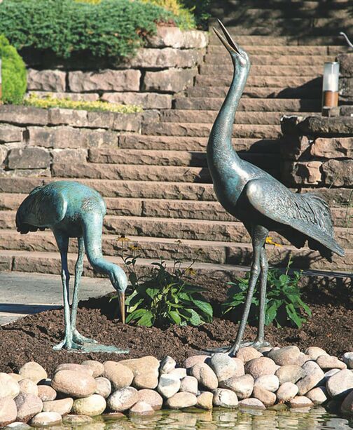 Vogelskulptur Kranich aus Bronze - grn - Kranich rufend