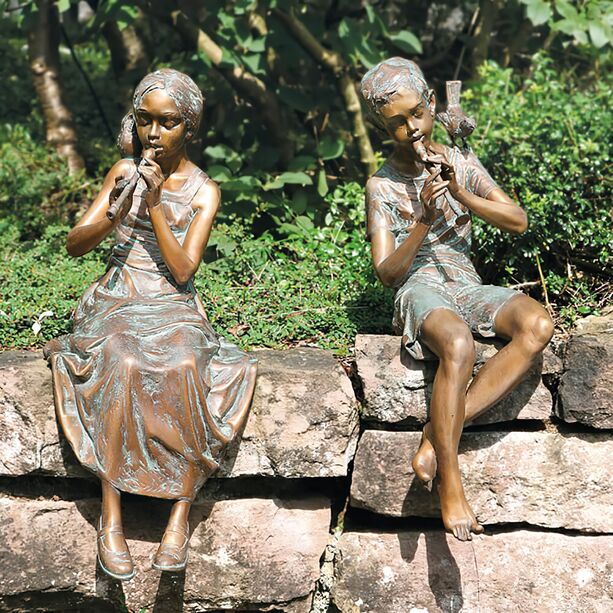 Bronzestatuen Fltenspieler Set - limitierte Auflage - Mdchen und Junge Set