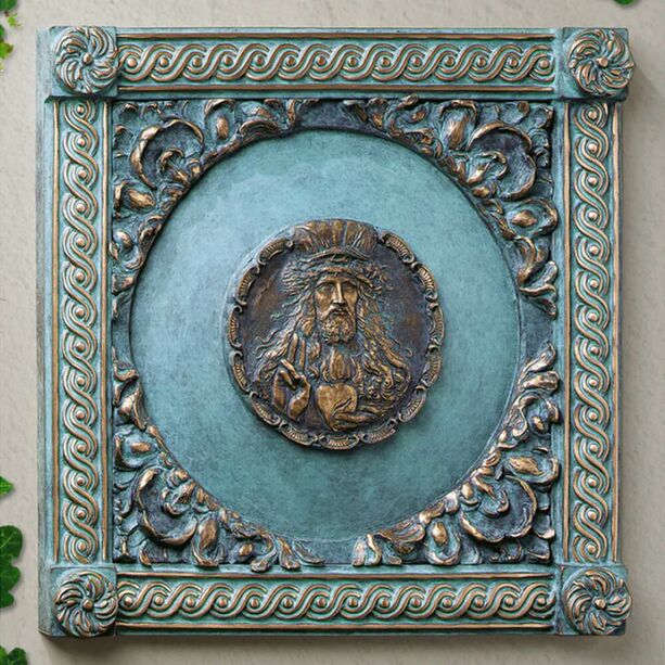 Farbiges Bronze Wandrelief mit Christusfigur - Herz Jesu