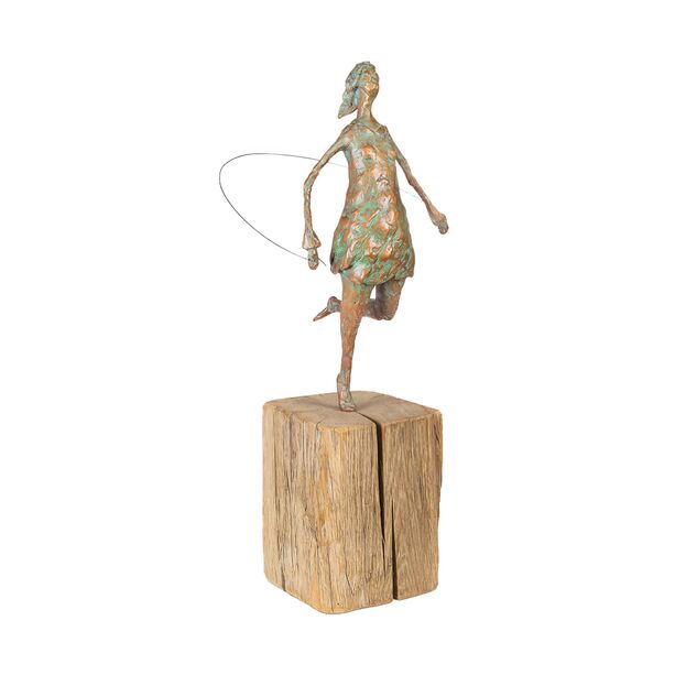 Bronzefrau mit Springseil und Holzpodest - limitiert - Seilspringerin