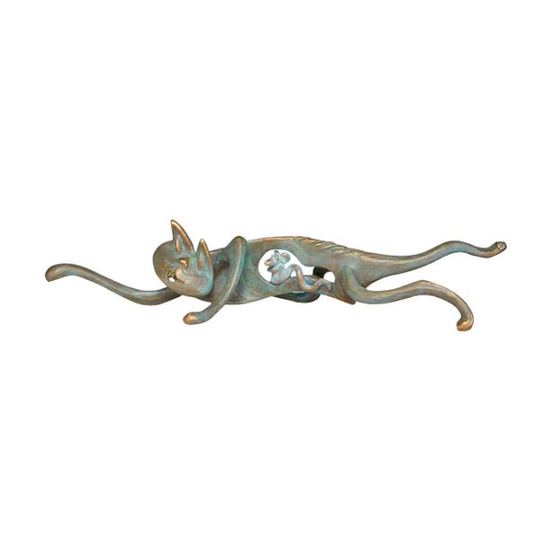 Abstrakte Designer Katzenfigur mit Maus aus Bronze - Katz und Maus