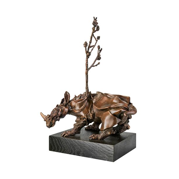 Bronze Rhinozeros auf Holzpodest mit Baum - limitiert - Rhinozeros