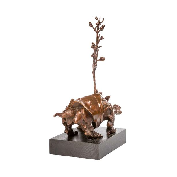 Bronze Rhinozeros auf Holzpodest mit Baum - limitiert - Rhinozeros