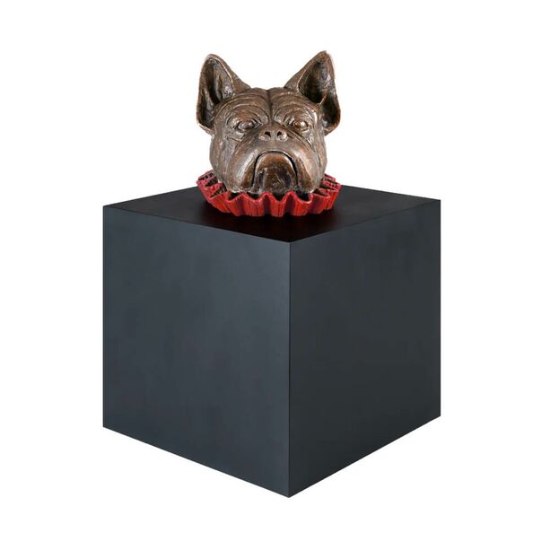 Kopf Bulldogge aus Bronze mit Halskrause auf Sockel - Hund im Wrfel