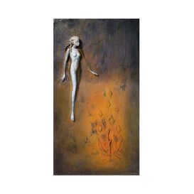 Bronze Wandrelief mit Frau und Feuer in Rostoptik -...