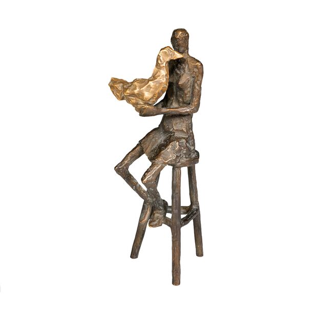 Sitzende Frau auf Hocker aus Bronze mit goldenem Vogel - Frau mit Vogel