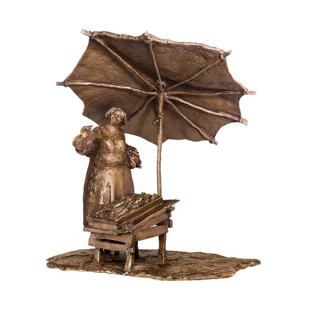 Limitierte Bronzefigur Frau mit Marktstand und Schirm - Marktfrau