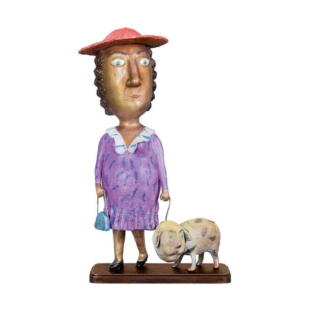 Dame mit Hund - bunte Bronzeskulptur vom Knstler - Lady with a dog