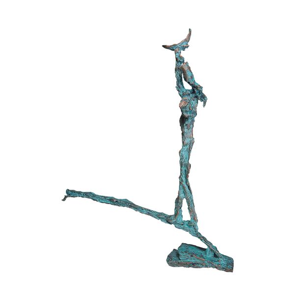 Abstrakter Mensch greift nach Vogel - grne Bronzefigur - Traumfnger
