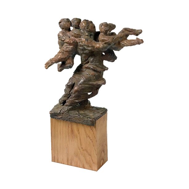 Limitierte Knstler Bronzefigur mit Holzsockel - Mutter mit drei Kindern in der Flut