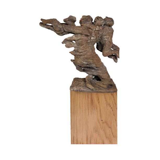 Limitierte Knstler Bronzefigur mit Holzsockel - Mutter mit drei Kindern in der Flut