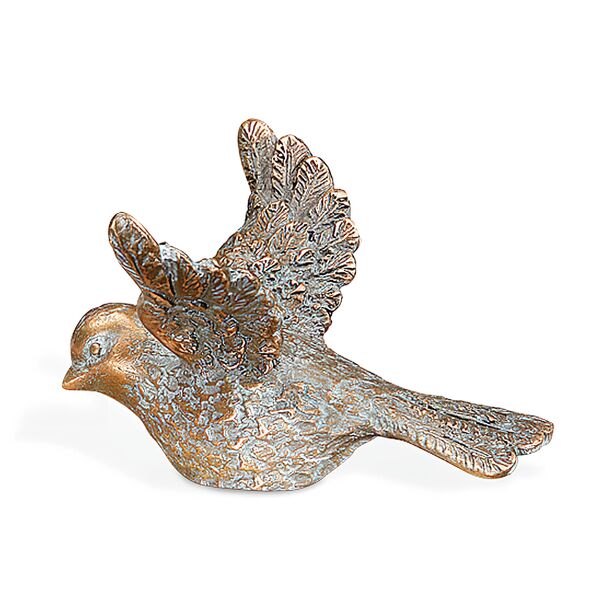 Kleine Bronze Vogelfigur für den Garten - links - Vogel Milo rechts