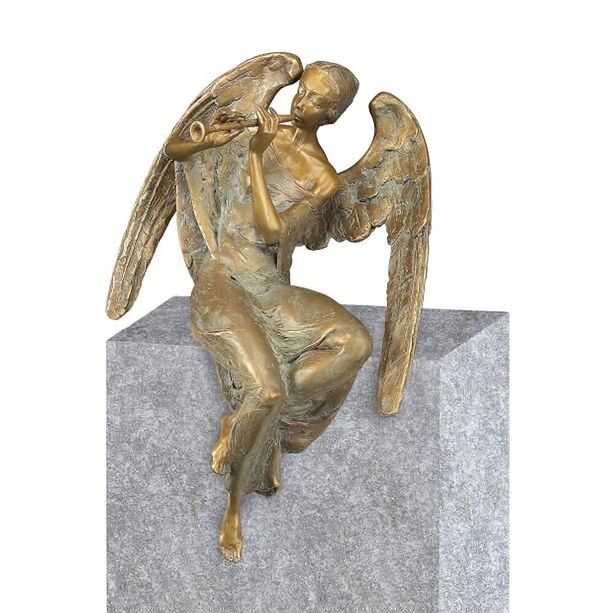 Sitzende Engelskulptur - Fltenspieler aus Bronze - Angelo Trompa