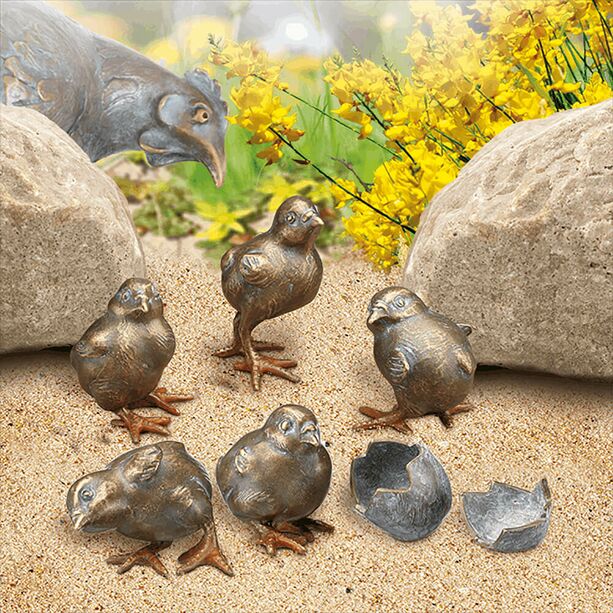 Bronze Vogelfiguren Set aus 5 Kken mit Henne - Kken mit Schale / Kken + Eierschale + Henne