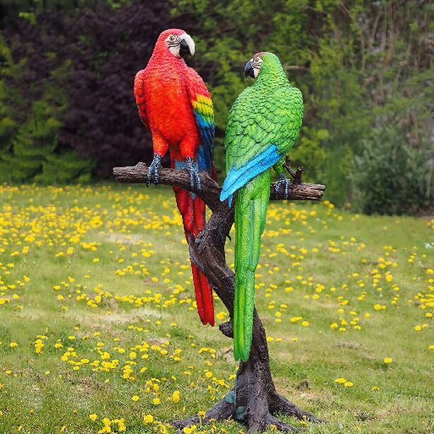 Bronze-Vogelskulpturen - Aras rot und grün - Papageien auf Ast