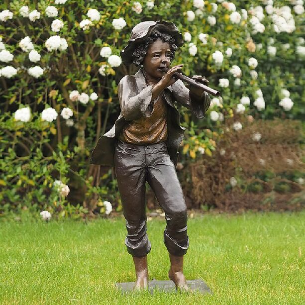 Jungenstatue mit Flöte - Bronze Gartenfigur - Flötenspieler Eron