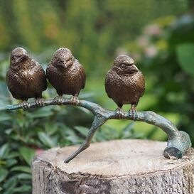 Bronze Spatzen sitzen auf Ast - Garten Dekofigur - Drei...