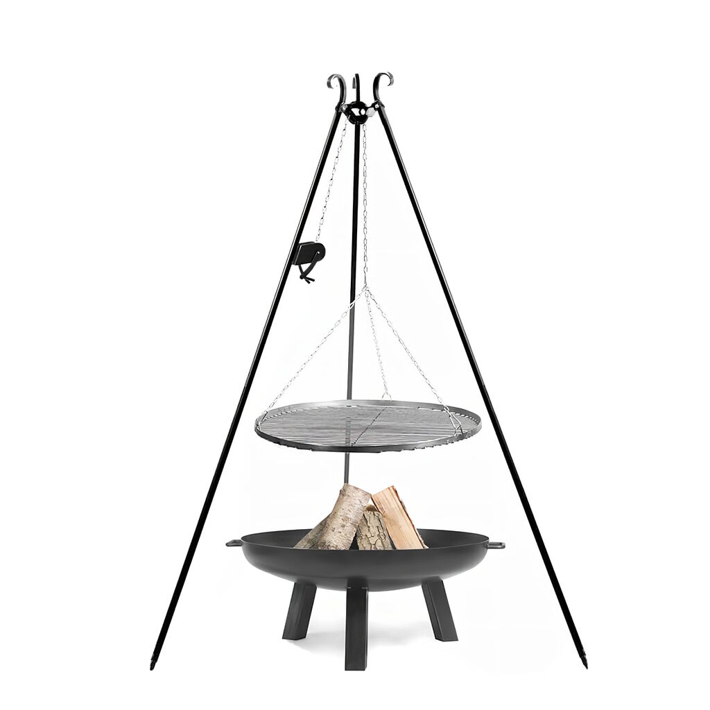 Image of Tripod Grill mit passender Feuerschale aus Stahl - Set - Igris Gartengrill / 70cm / mit Kurbel