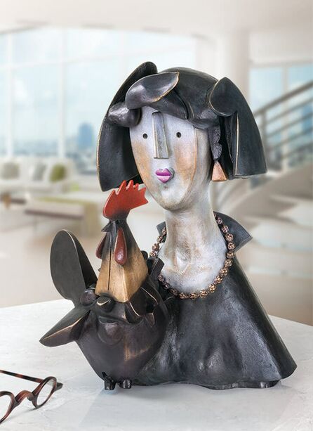 Künstler Skulptur vornehme Frau mit Hahn - limitierte Bronze - Floo e il gallo