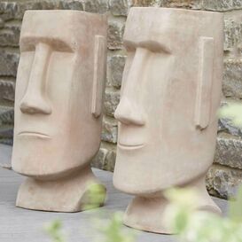 Moai-Kopf Dekofigur - Terrakotta - Fröhliches Gesicht -...