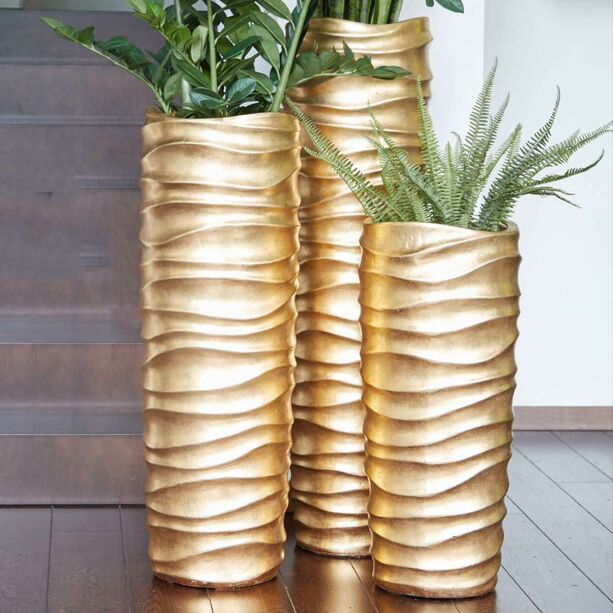 XXL Indoor Pflanzvase mit Einsatz - Polystone - Gold - Rund - exotische Rillen - Djuma