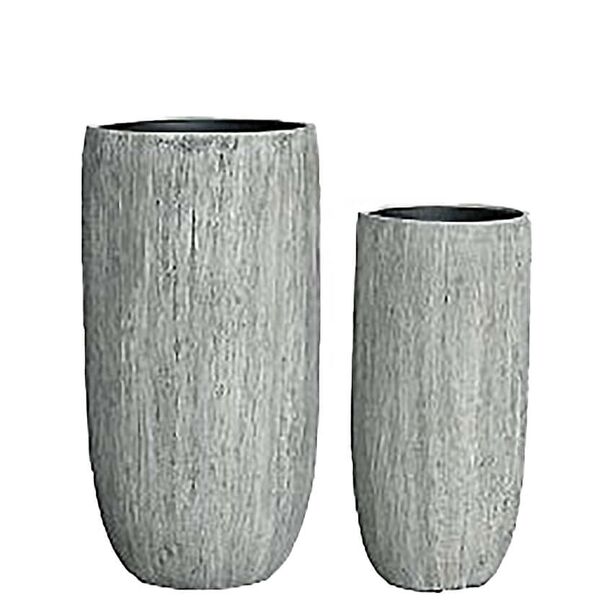 XXL 2er Set Vasen aus Polystone - Rund - Grau mit Holzstruktur-Optik - Zuri