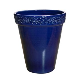 Runder Pflanzk�bel mit floraler Verzierung aus Steinzeug - Blau - Frostsicher - Olea Folium Azur / 37x31cm (HxDm)