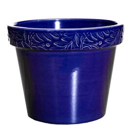 Winterfester Pflanztopf mit sch�ner Olivenblatt-Verzierung - Blau - Rund - Keramik - Olea Azur / 29x35cm (HxDm)