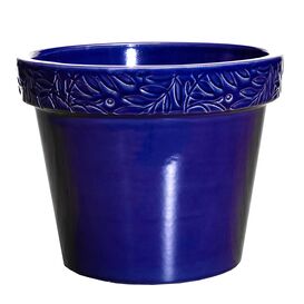 Winterfester Pflanztopf mit sch�ner Olivenblatt-Verzierung - Blau - Rund - Keramik - Olea Azur / 51x55cm (HxDm)