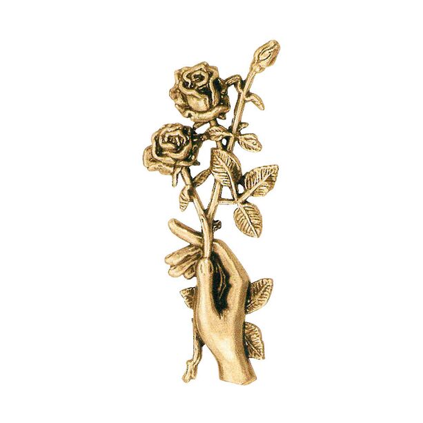 Hand hlt Rosenzweig - Florales Wandrelief aus Bronze - Rosen in der Hand