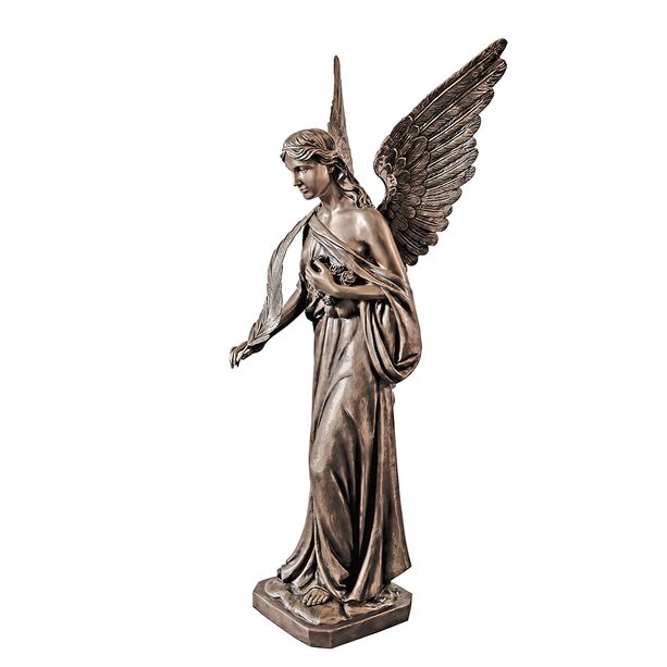 Bronzeengel im Grnton mit Feder fr den Garten - Angeloi Penna
