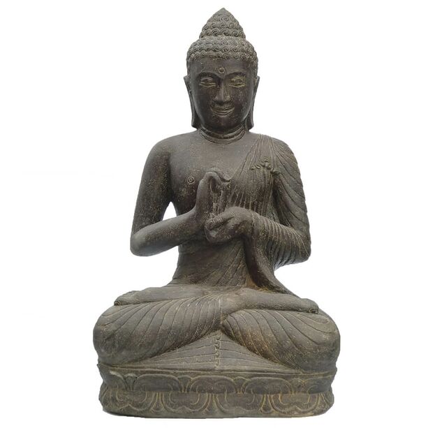 Indische Steinguss Buddha Figur mit Handhaltung Rad der Lehre - Chendra