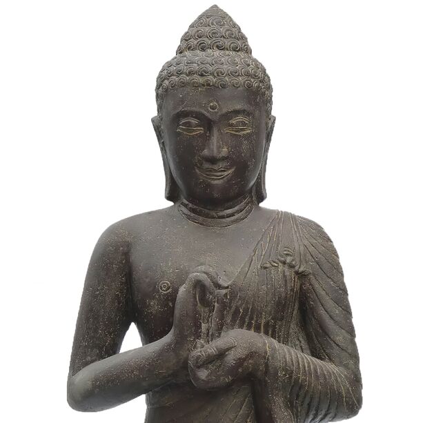 Indische Steinguss Buddha Figur mit Handhaltung Rad der Lehre - Chendra