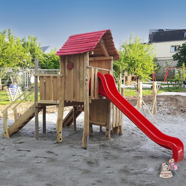 Holz Spielhaus mit Treppe und Rutsche zum Spielen für Kinder - Stelzenhaus Astrid