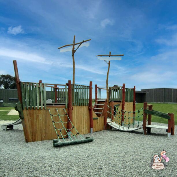 Groes Kinder Spielschiff aus Holz mit Steuerrad, Segeln und Kletternetz - Spielschiff Hoppetosse