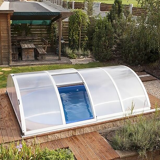Flache Outdoor Poolüberdachung mit Seitentür - vormontiert - für kleinere Pools - eckig - aus Aluminium & Polycarbonat - Onyx