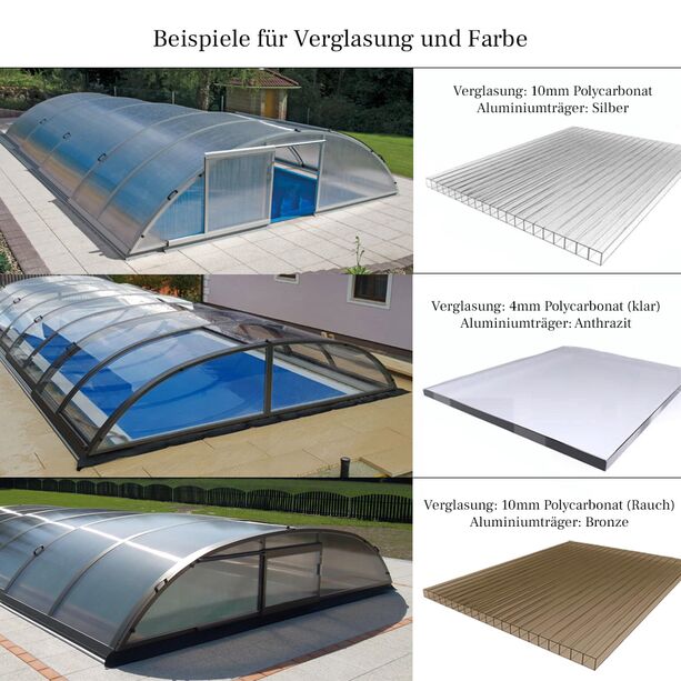 Poolüberdachung mit geringer Dachwölbung - Sonderanfertigung - Aluminium & Polycarbonat - Tansanit Medium