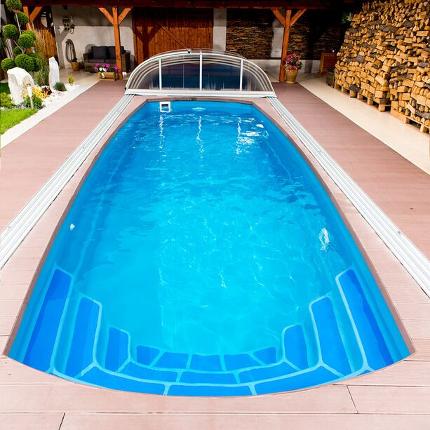 Viereckiger GFK Pool aus Glasverbund - Komplettset - 350x750cm - integrierte breite Stufen - gro - Mar Menor Smaragd / Dunkelblau